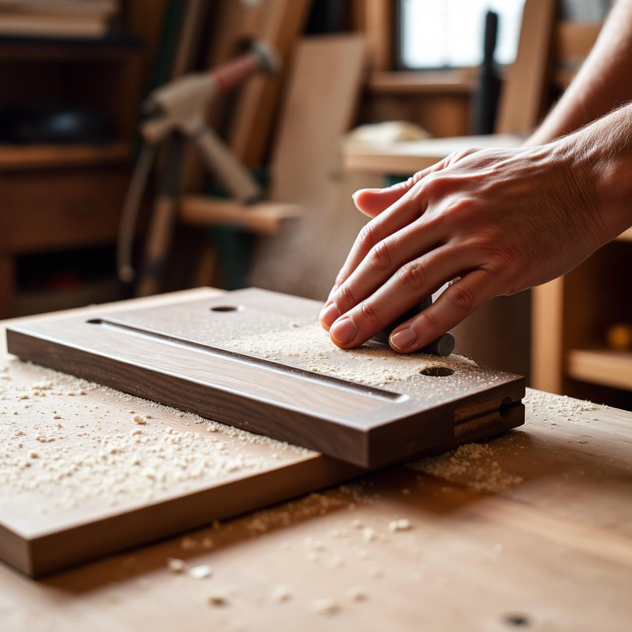 Cabinetmaker hand-sanding a walnut cabinet door in the A & T Custom Cabinets workshop