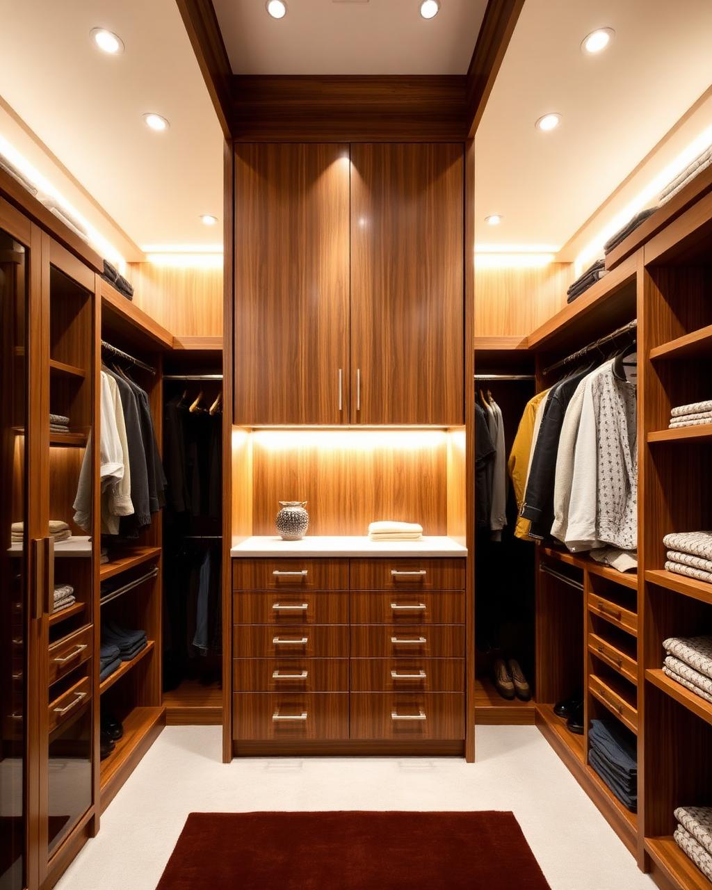 Custom walnut walk-in closet with LED lighting and drawer banks