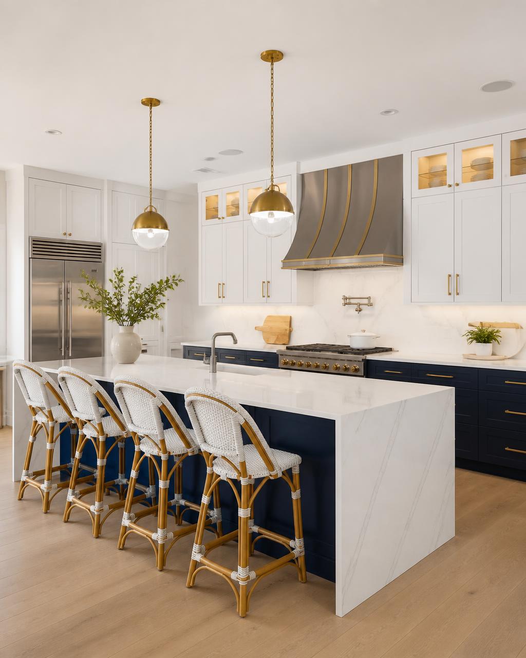 Kitchen island with waterfall quartz countertop and navy base cabinets