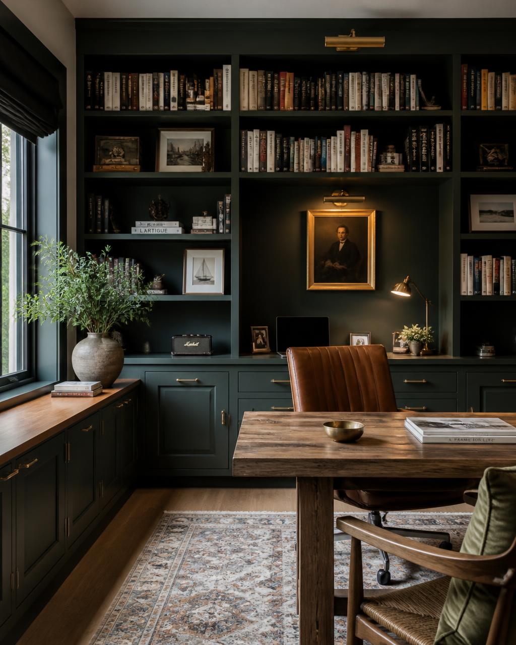 Dark green floor-to-ceiling library bookshelves and home office desk
