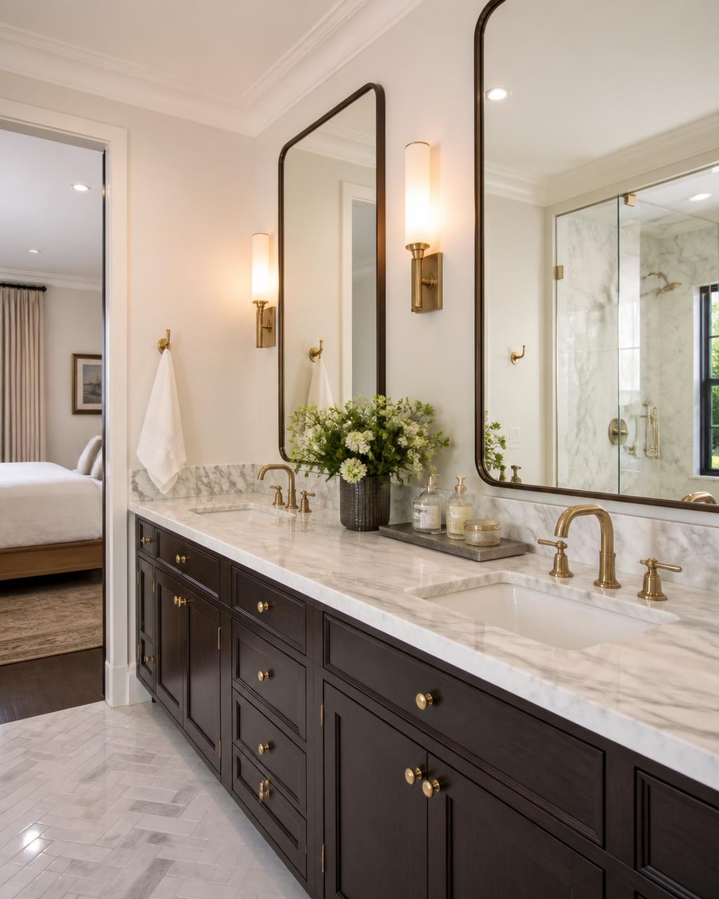 Elegant double bathroom vanity with dark cabinets, marble tops and brass faucets