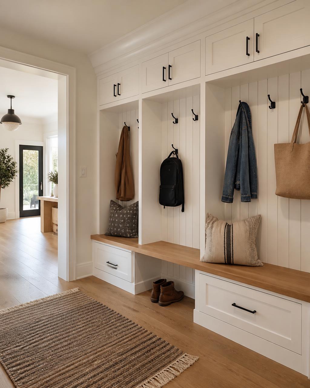 Custom mudroom built-in lockers with bench seating