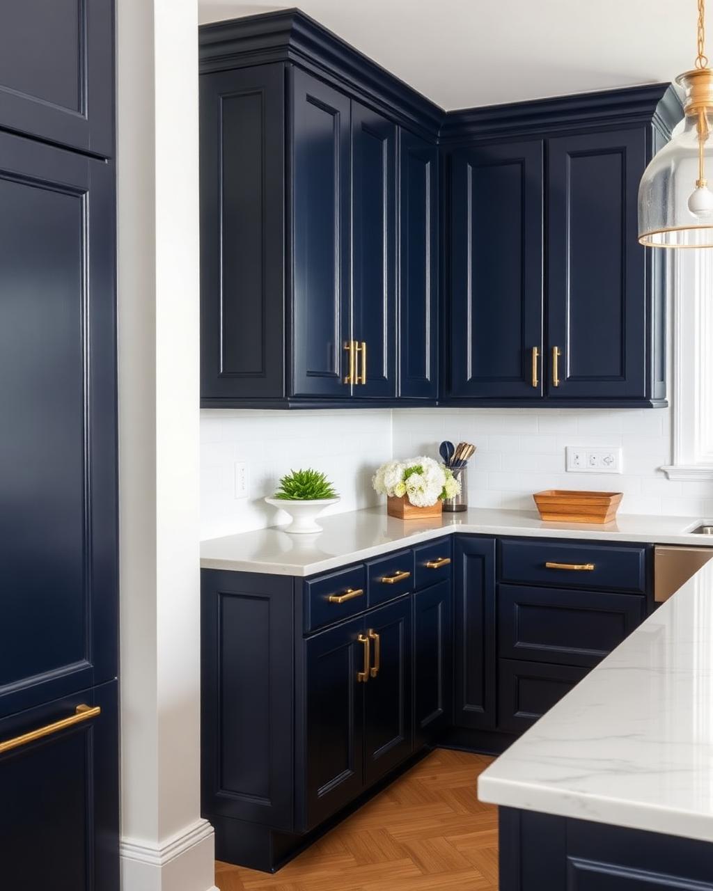 Navy blue shaker kitchen cabinets with brass hardware and quartz countertops