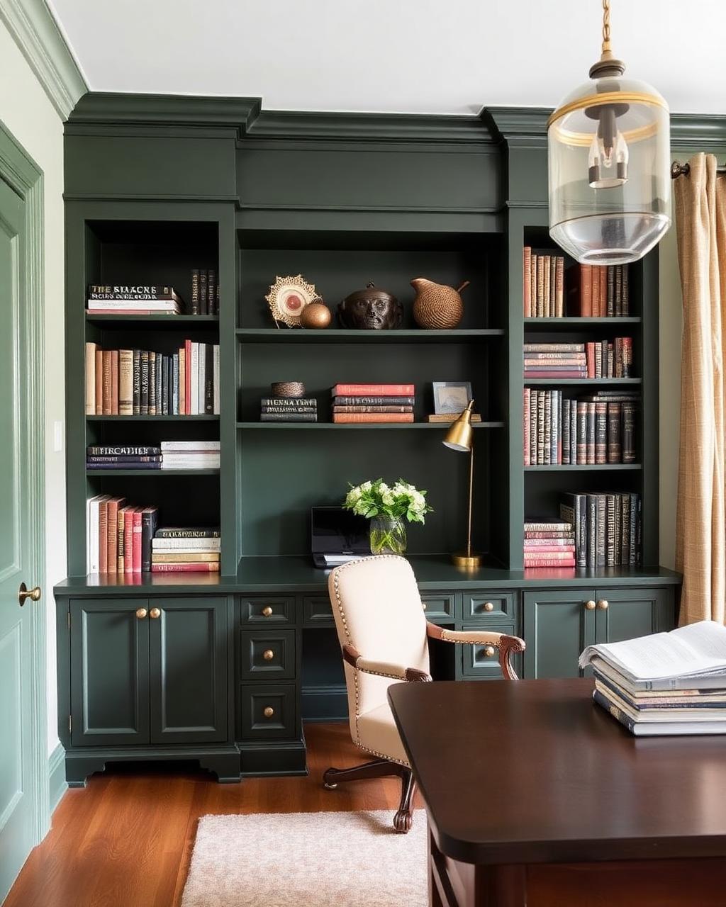 Dark green built-in home office bookshelves and cabinetry with brass knobs