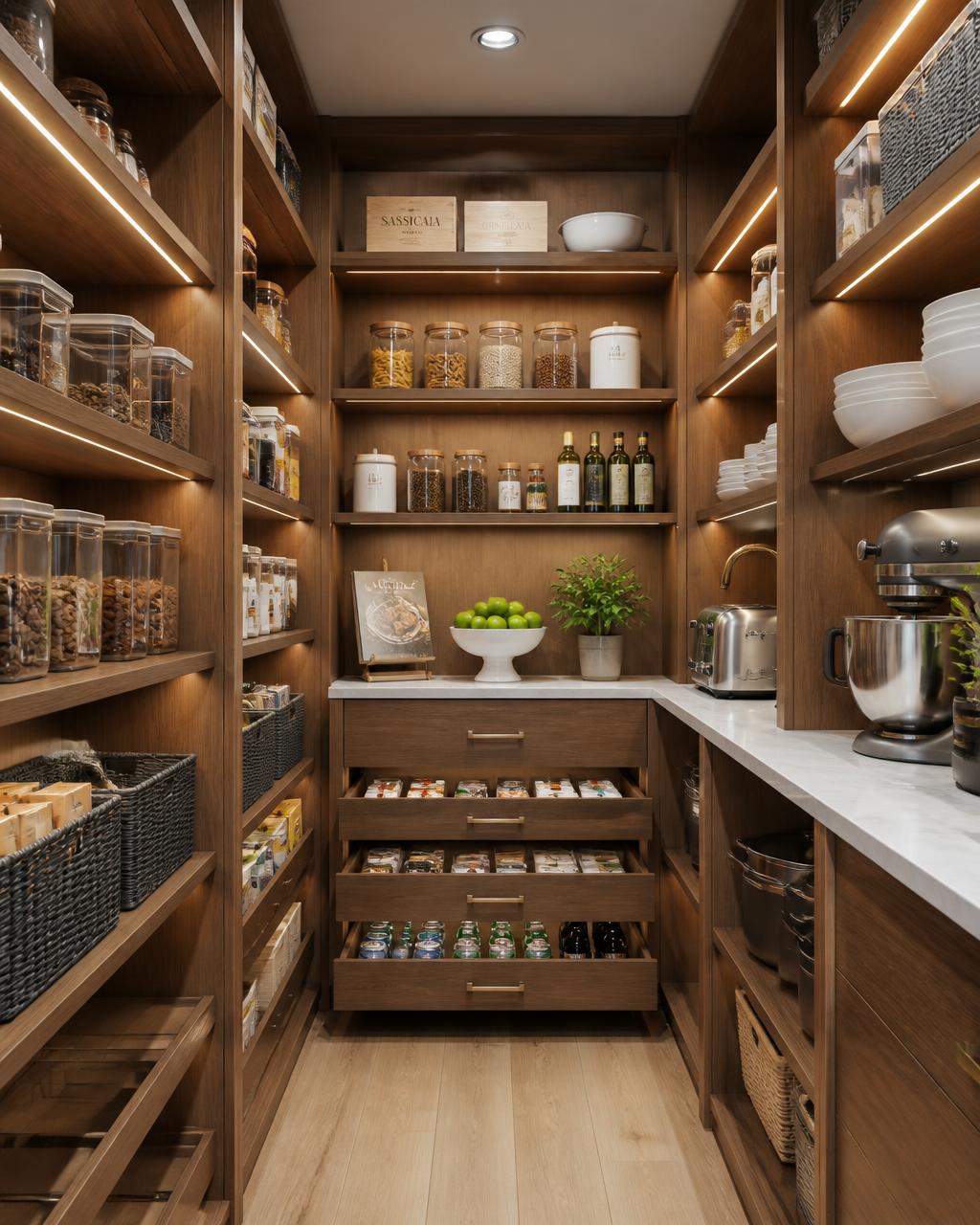 Custom walk-in pantry with open wood shelving, LED lighting and pull-out drawers