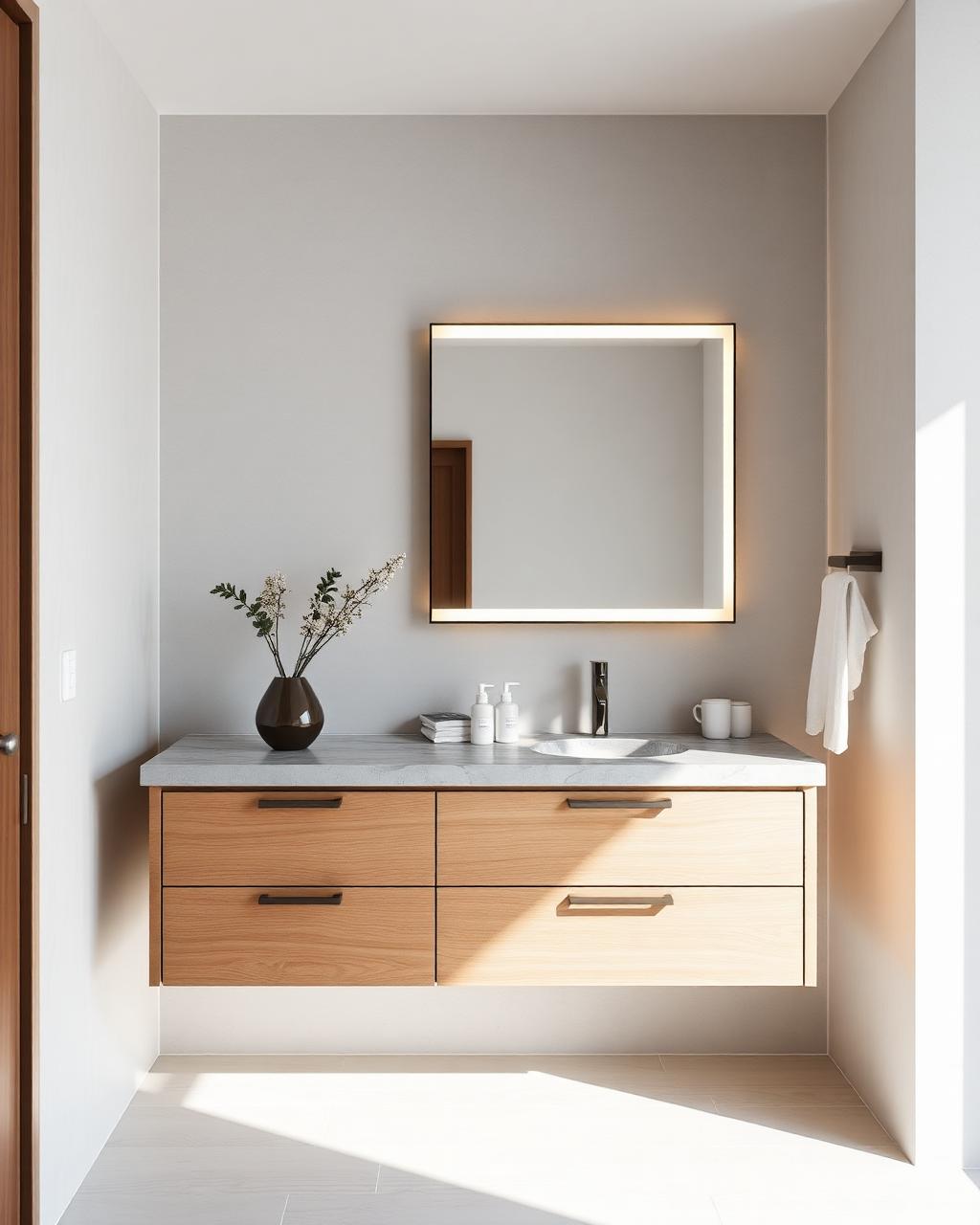 Floating white oak bathroom vanity with stone countertop and backlit mirror