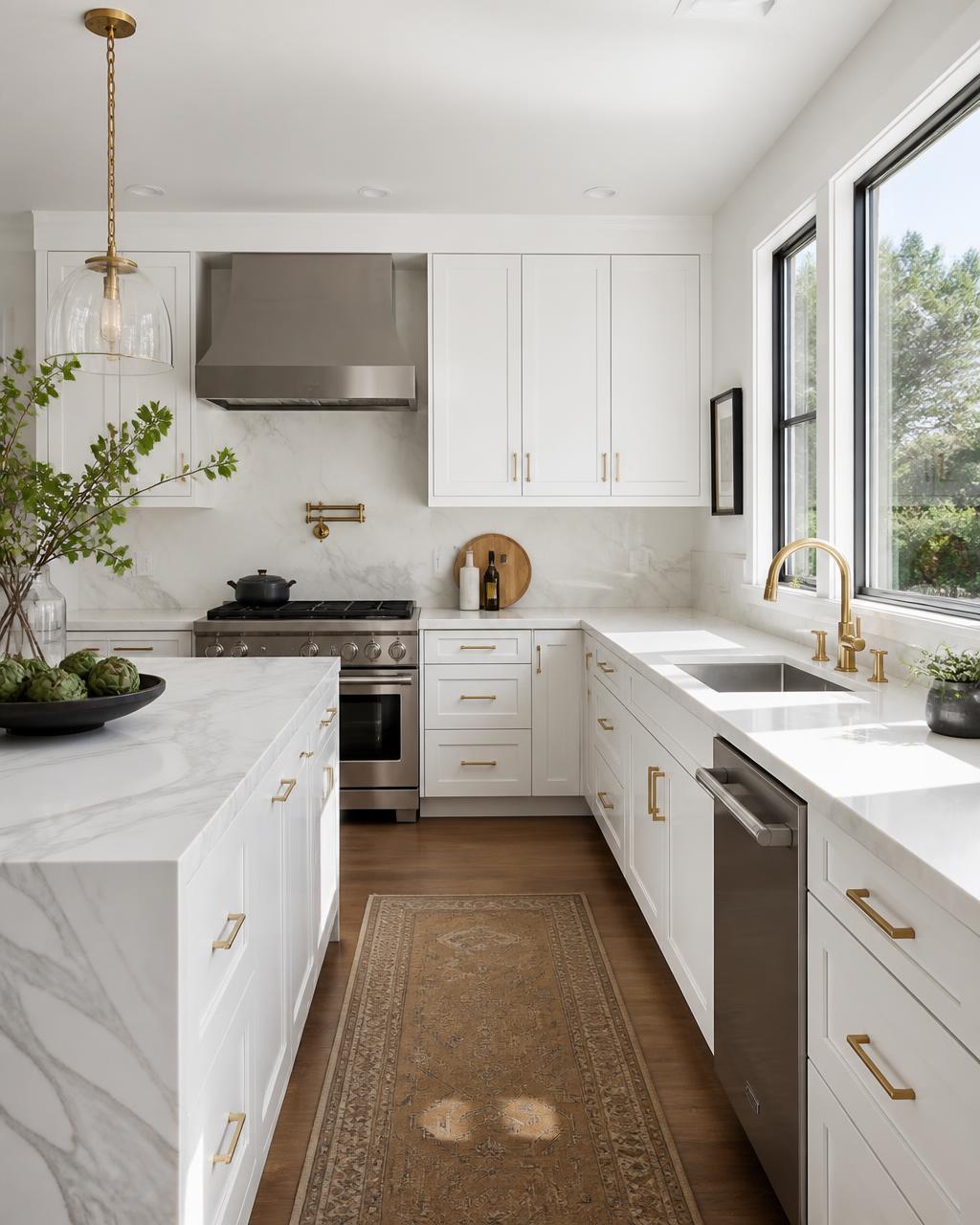 Bright white kitchen cabinets with marble countertops and brass pulls
